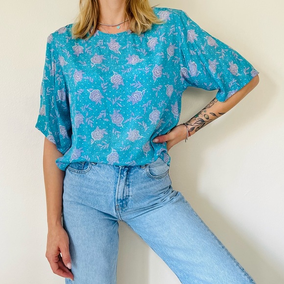 Vintage royal silk turquoise floral print polka dot blouse top - Picture 2 of 10